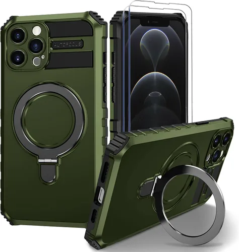 Vista 18 de Funda magnética para iPhone 11 [compatible con MagSafe] con 2 protectores de pantalla de vidrio templado con soporte de anillo, grado militar Azul