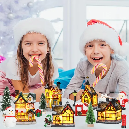 Vista 5 de Liliful Juego de 46 piezas de casa de pueblo de Navidad, figuras de escena de Navidad, decoración con luces LED de aldea de Navidad, figuras