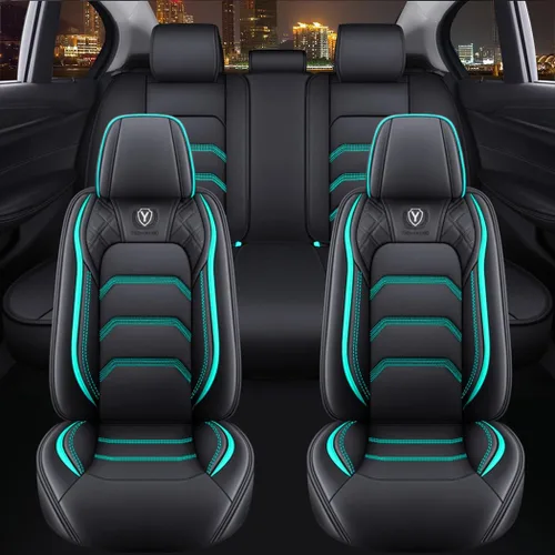Vista 2 de Juego completo de fundas de cuero cómodas para asientos de automóvil de 5 asientos, ajuste universal (negro y verde)
