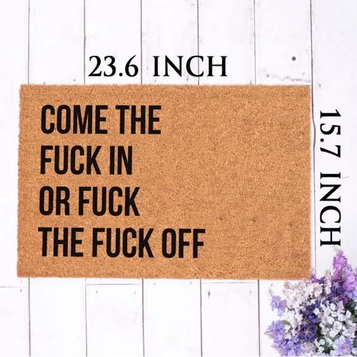 Vista 4 de Divertido tapete de fibra de coco con texto en inglés "Come The Fuck In Or Fuck The Fuck Off", decoración de porche delantero de bienvenida