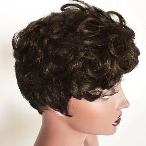 Vista 4 de Peluca de cabello humano con corte Pixie, pelucas cortas rizadas naturales para mujeres negras, pelucas de cabello humano corto marrón natural de 4