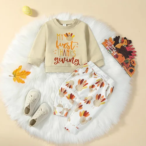 Vista 2 de Conjunto de sudadera y pantalones de manga larga con diseño de pavo para niñas y bebés, ropa de otoño