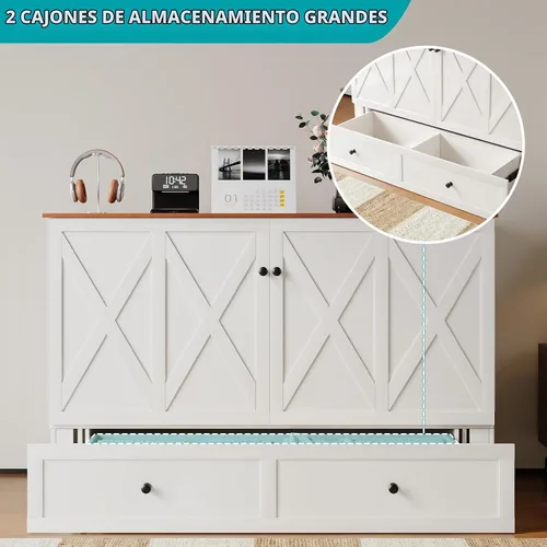 Vista 5 de BALUS Cama Murphy de tamaño matrimonial con colchón incluido, cama Murphy de 57 pulgadas de ancho con estación de carga USB y 2 cajones