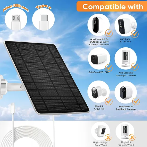 Vista 2 de Panel solar compatible con puerto USB tipo C de cámara anular, con cable de 9.8 pies, para Spotlight Cam Plus/Pro (batería) Stick Up Cam/Pro