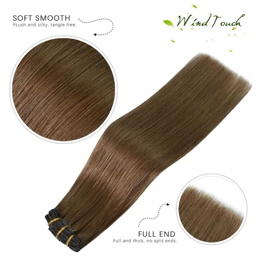 Vista 101 de WindTouch - Extensiones de cabello humano real con clip, color marrón claro a rubio con reflejos #6P613, 22 pulgadas, 4.33 onzas, 7 piezas #6p613