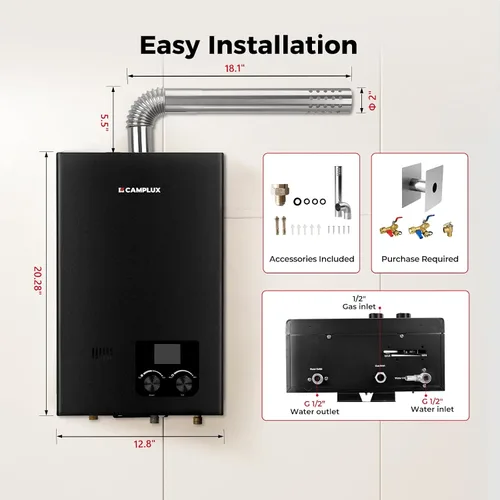 Vista 6 de CAMPLUX - Calentador de agua sin tanque de gas para interiores, 2.64 GPM, calentador de agua sin tanque de propano CM264, 68,000 BTU, agua caliente