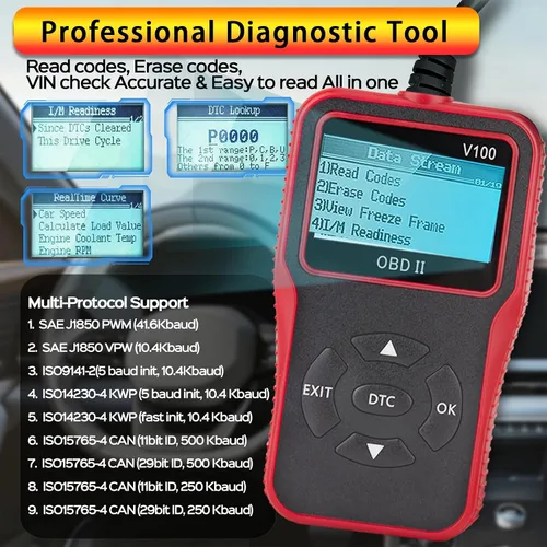 Vista 9 de Herramienta de diagnóstico de diagnóstico V100 OBD2, lector de código, herramienta de diagnóstico de luz del motor, probador de voltaje de batería