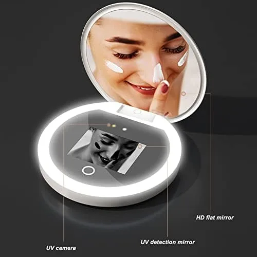 Vista 2 de Espejo compacto de viaje con cámara, espejo portátil de aumento 2X con luces para verificar protector solar, espejo de maquillaje LED, espejo