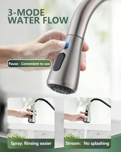 Vista 3 de VFAUOSIT - Grifo de cocina con rociador extraíble, grifo de fregadero de cocina sin plomo, níquel cepillado, acero inoxidable, arco alto, extracción