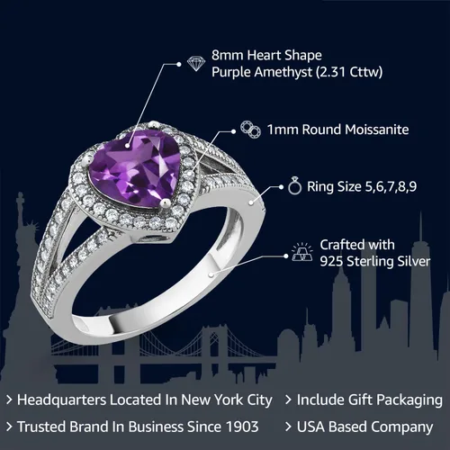 Vista 2 de Gem Stone King Anillo de halo de moissanita blanca y piedra natal de corazón de 0.315 in para mujer, plata de ley 925, joyería para aniversario