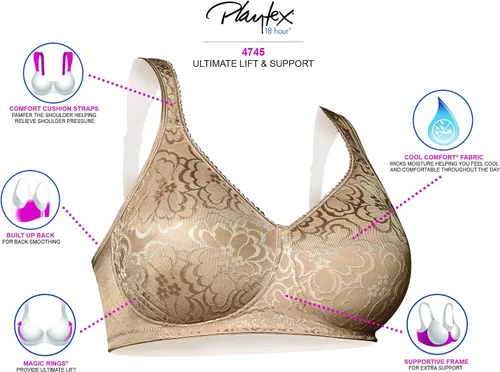 Vista 9 de Playtex Women's 18-Hour Ultimate Lift & Support Wireless Full-Coverage Bra, Everyday Comfort, Single & 2-Pack