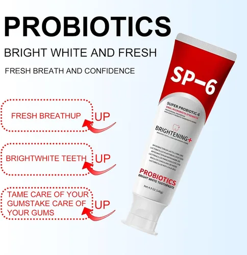 Vista 3 de Pasta de dientes Super Probiotic Sp-6, pasta de dientes Sp-6 Ultra Whitening, fórmula de 6 probióticos para la salud de las encías, sin flúor, sabor