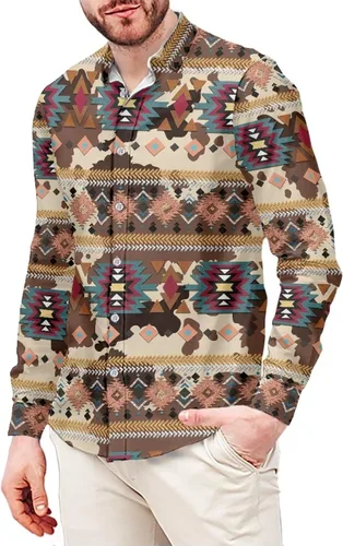 Vista 13 de Camisas aztecas con botones para hombre, vintage, nativo americano, patrón tribal nación, manga larga, camisa de talla grande para hombre