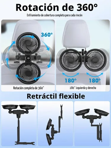Vista 6 de Ventiladores de coche para asiento trasero, batería de 3600 mAh y Negro