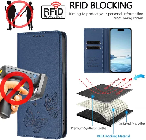 Vista 9 de Butterfly Embossed Leather Wallet Flip Case for Motorola Moto E22i 4G, Magnetic Closure, RFID Blocking Cover, Card Holder Blue.