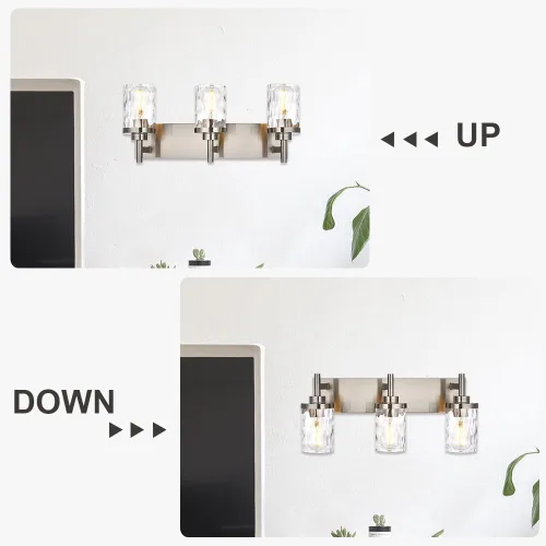 Vista 3 de Lámparas de tocador de baño, 3 luces, luces de tocador de baño de níquel cepillado con pantalla martillada transparente, iluminación moderna de baño