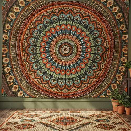 Vista 14 de Accnicc Tapiz bohemio con mandala floral para dormitorio, tapiz de pared con flores bohemias, pequeño, acuarela, azul, blanco, hippie, indio