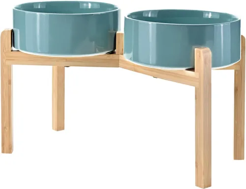 Vista 25 de SPUNKYJUNKY Cuencos elevados de cerámica para perros, 5.1 pulgadas, para comida de perros y gatos, cuencos elevados con soporte de bambú Verde oscuro