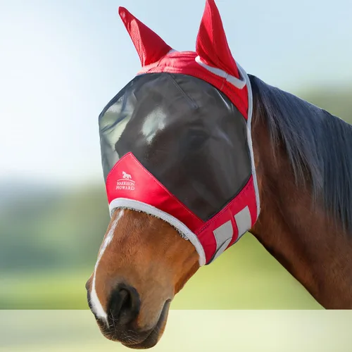 Vista 15 de Harrison Howard Máscara de mosca de caballo luminosa profesional estándar con orejas protección UV para caballo, azul y plateado, pequeño poni