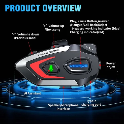 Vista 7 de VCOROS VR1 Auriculares para Casco de Motocicleta, Altavoces de Casco de Larga Duración de Batería con Respuesta Automática/Doble Cancelación