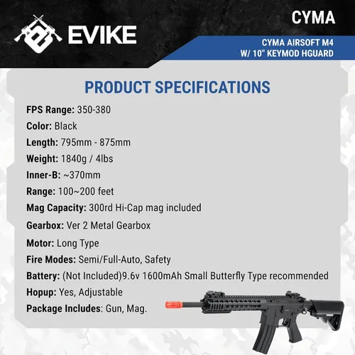 Vista 7 de Evike x CYMA Sport Airsoft M4 w/ 10" KeyMod Rail