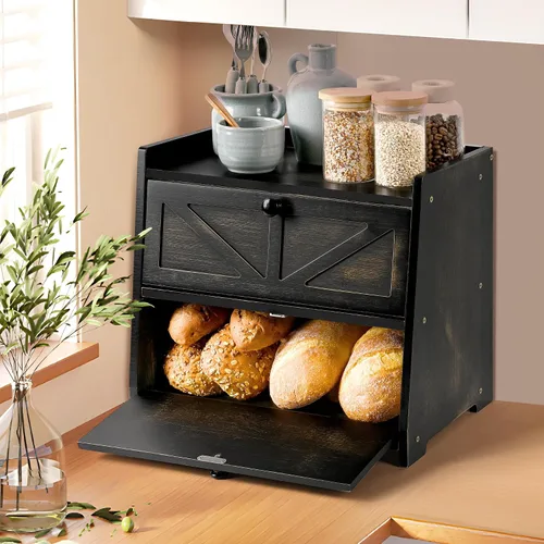 Vista 3 de Caja de Pan Vintage de Doble Capa para Encimera de Cocina, Contenedor de Almacenamiento de Pan de Bambú, Caja de Pan para Pan Casero, Caja de Pan