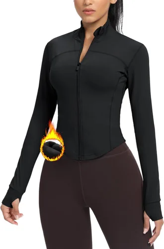 Vista 84 de AVGO Chaquetas de entrenamiento recortadas para mujer, con cremallera, ajustadas, atléticas, con agujeros para el pulgar