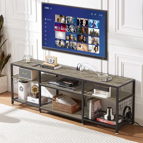 Vista 7 de VECELO Soporte de TV de 63 pulgadas con tomas de corriente para televisión de 55/60/65/70 pulgadas, centro de entretenimiento con estantes de Gris