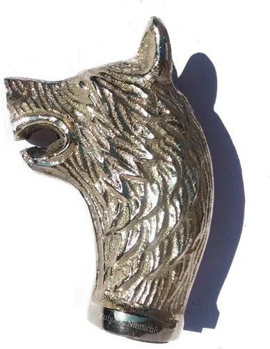 Vista 9 de Mango de cabeza de lobo de latón macizo con relieve antiguo para bastones de bastones