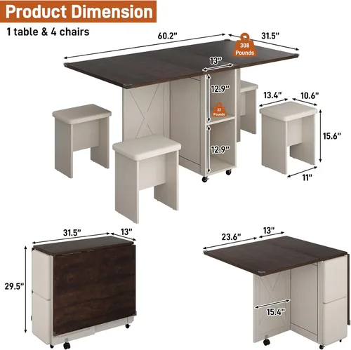 Vista 3 de Juego de mesa de comedor de granja de 5 piezas para 4, mesa plegable grande de 117 cm con 4 sillas de cuero, mesa de cocina plegable con ala