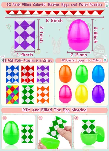 Vista 3 de Paquete de 12 huevos de Pascua rellenos con cubos de serpiente, juguetes de rompecabezas giratorios, rellenos de cesta de Pascua, regalos
