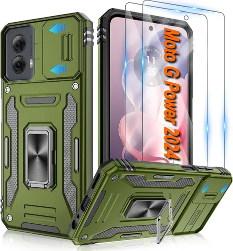 Vista 70 de Atump Funda para Motorola Moto G Play 2024 (4G) con [paquete de 2] protector de pantalla HD y cubierta para cámara deslizante, soporte de anillo