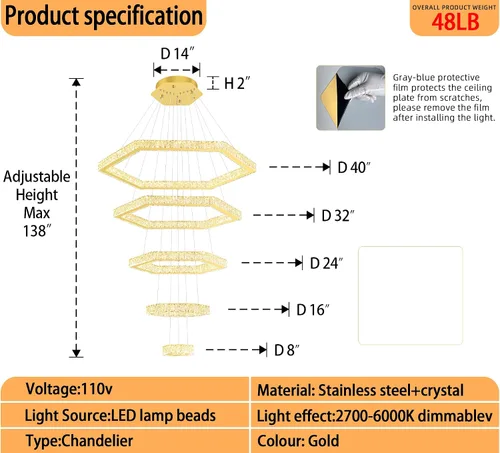 Vista 2 de Lámpara de araña moderna de 5 anillos de oro larga de cristal para techo alto, forma de altura ajustable, regulable 8 pulgadas + 16 pulgadas + 24