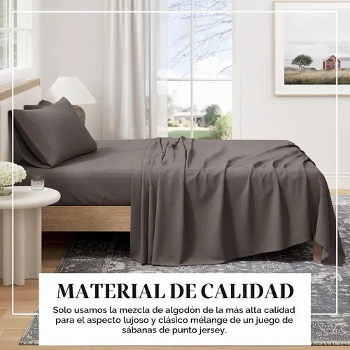 Vista 2 de Great Bay Home Juego de Sábanas de Punto de Jersey de Algodón Tamaño Twin - Ultra Suaves, Elásticas, Jaspeadas Melange Gris Oscuro - Juego Acogedor