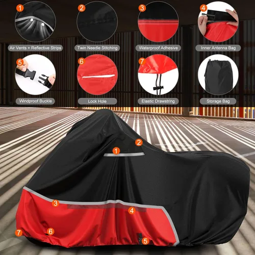 Vista 3 de Cubierta impermeable para motocicletas de repuesto para modelos Harley Davidson Cruiser, tela Oxford 420D Softail, Dyna, Iron 883, Fat Boy 114