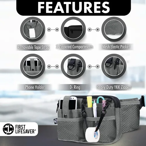 Vista 2 de First Lifesaver Riñonera para enfermera con múltiples compartimentos y soporte para cinta, Gris, L, Riñonera manos libres con múltiples
