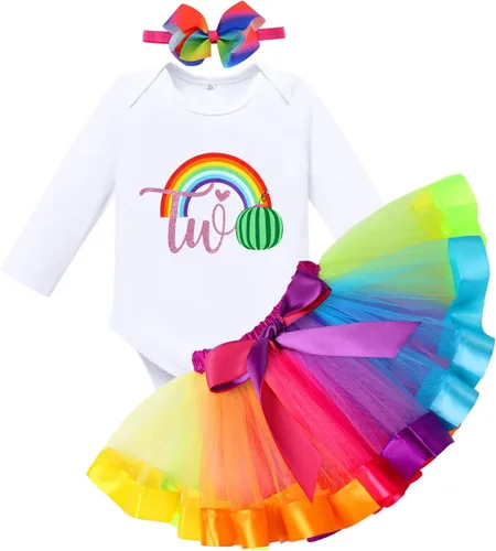 Vista 33 de IBAKOM Conjunto de ropa de 3 piezas para bebé niña de 1er cumpleaños + tutú de tul de princesa arcoíris + diadema con lazo, conjunto de ropa de 3