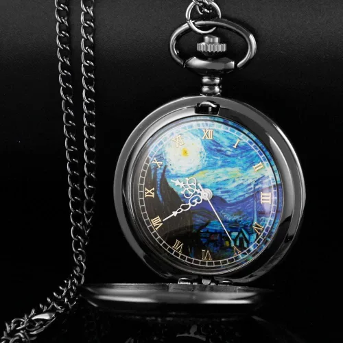 Vista 3 de Tiong Reloj de bolsillo con diseño de estrella azul hueca números romanos cuarzo con cadena regalos de cumpleaños de Navidad