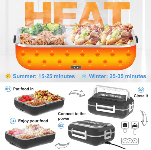 Vista 3 de RIKDOKEN Fiambrera eléctrica de calor más rápido de 60 W para automóvil, camión, trabajo, hogar, calentador de alimentos portátil de 12 V, 24 V, 110