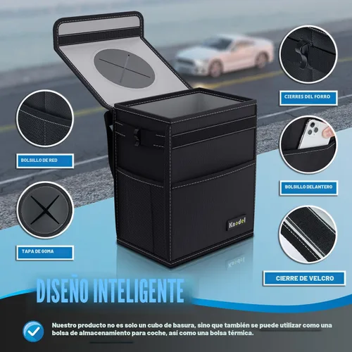 Vista 3 de K KNODEL Basurero para automóvil con tapa, basura para automóvil Negro
