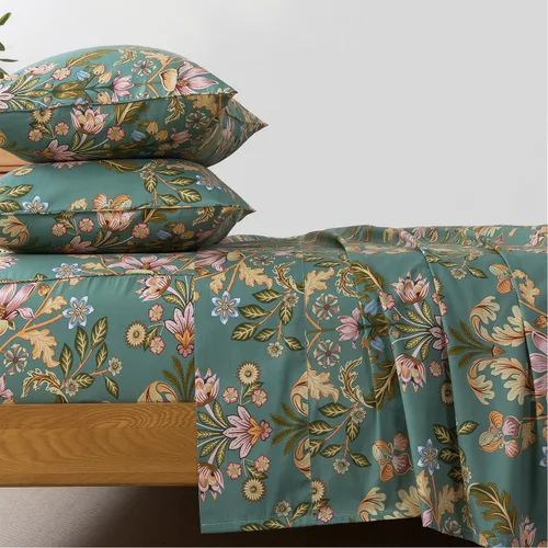Vista 24 de FADFAY Juego de sábanas tamaño King, sábanas de algodón percal rosa floral con bolsillo profundo, ropa de cama vintage lujosa azul con estampado
