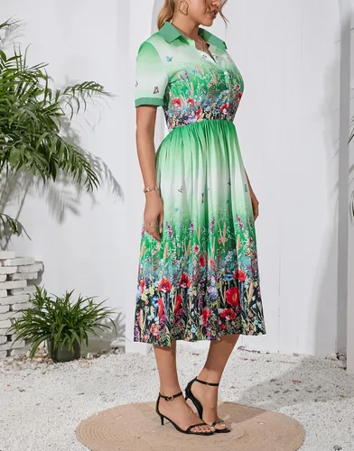 Vista 5 de VERWIN solapa manga tres cuartos hasta la rodilla plisado floral vestido de mujer