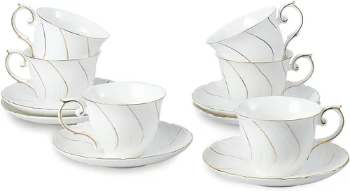 Vista 10 de Agyiuns tazas y platillos de cerámica para café, 6oz, taza de café para café, latte, café moca y té - Juego de 4 (Flores grandes - Juego de 4)