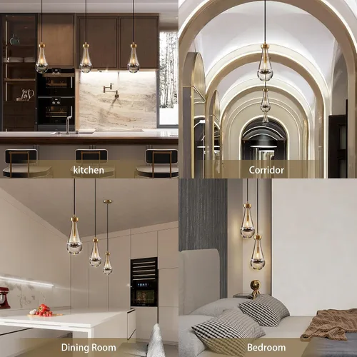 Vista 2 de Juego de 2 luces colgantes de gota de lluvia, lámparas colgantes para isla de cocina, lámpara de cristal sólido transparente con forma de gota
