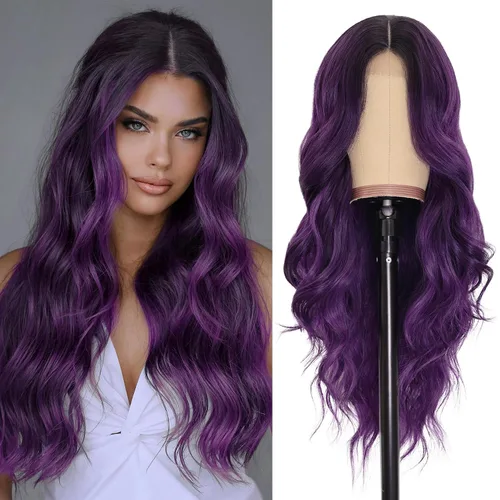 Vista 33 de NAYOO Peluca larga ondulada rubia ombré para mujer, de 26 pulgadas, parte media, rizada, ondulada, de aspecto natural, fibra sintética resistente al