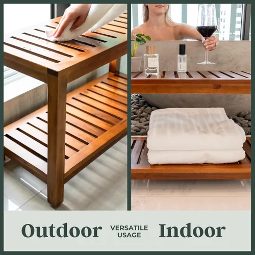 Vista 5 de Akar 21 - Banco de ducha de teca, con estante, 21 pulgadas, taburete de madera para baño, spa, jardín, totalmente montado