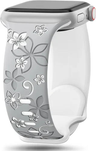 Vista 14 de Bandas con grabado floral compatibles con Apple Watch de 41mm 40mm 44mm 45mm 42mm 38mm 46mm 49mm para mujeres, correa deportiva de silicona suave