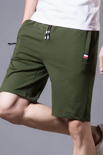 Vista 4 de Pantalones cortos casuales de verano de algodón de ajuste clásico con cintura elástica y bolsillos con cremallera