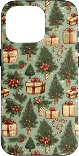Vista 20 de Vintage Christmas Theme Holiday Trees, Presents, Teal, Bows Case for iPhone 17