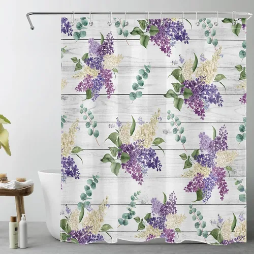 Vista 18 de EOBTAIN Cortina de ducha floral púrpura para baño, flores de acuarela y hojas de eucalipto verde sobre beige, cortina de ducha con 10 ganchos, juego